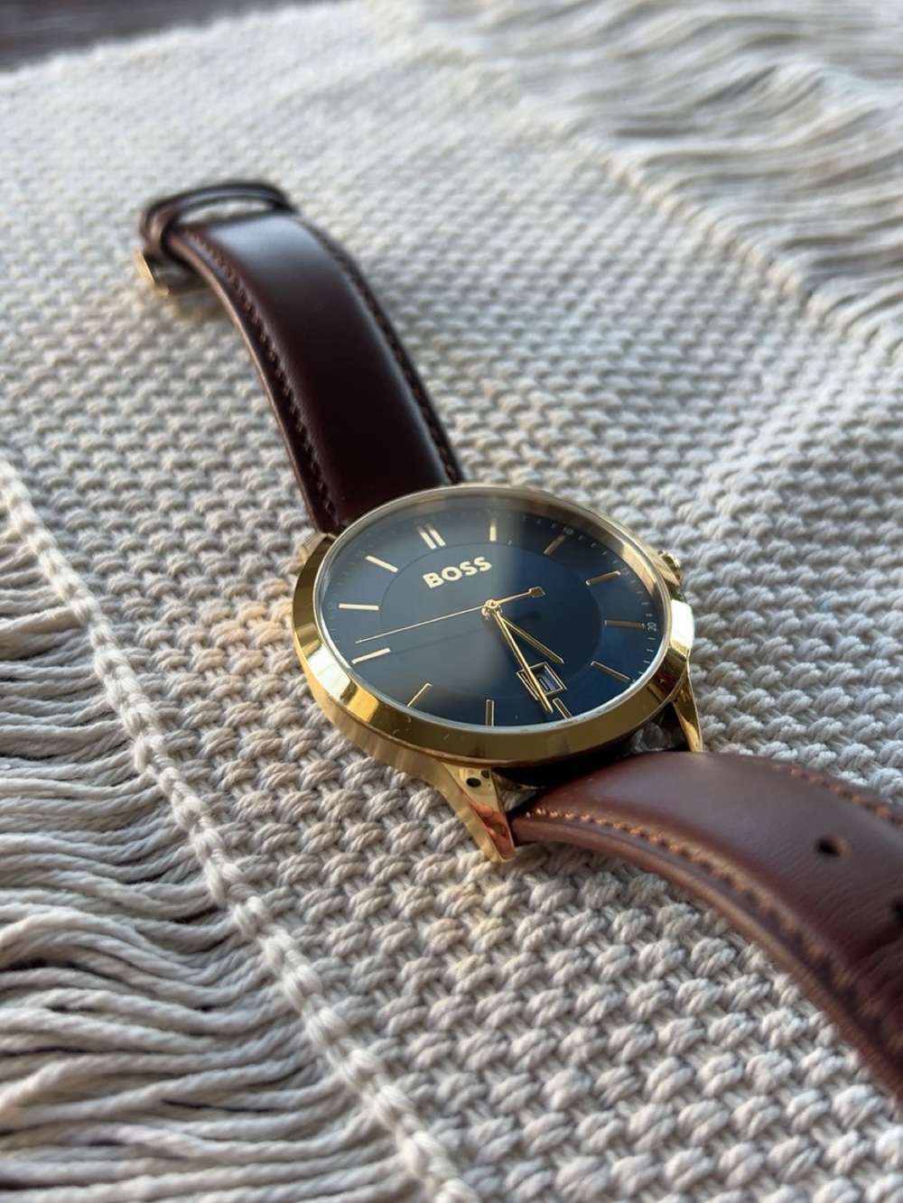 Boss Men's Gold-Tone Case Blue Dial Brown Leather Strap Watch